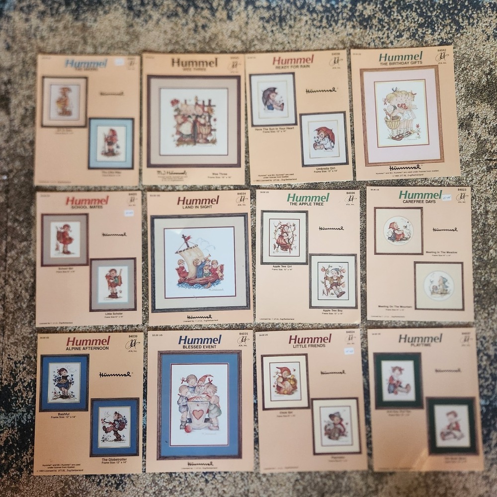 Lot of 12 Vintage Hummel Cross-Stitch Patterns Playtime Hikers Apple Tree Etc.